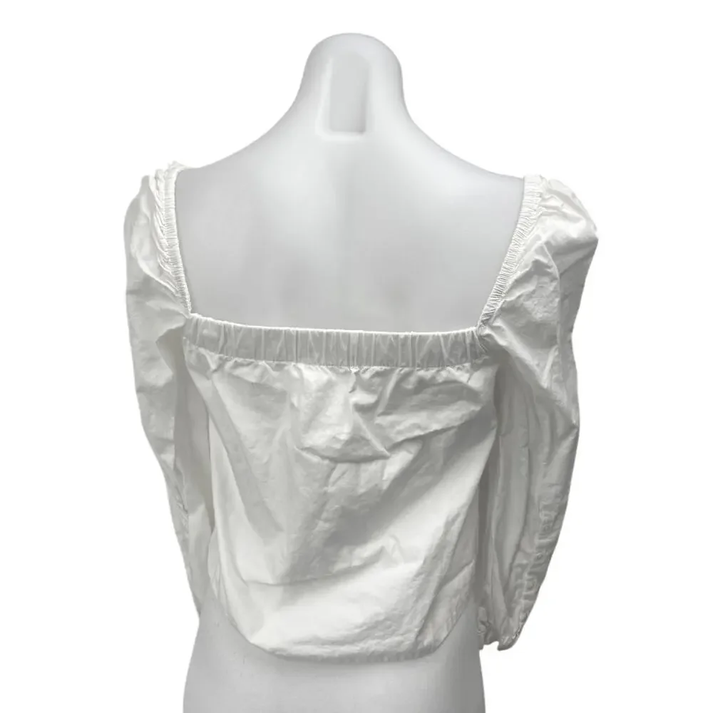 Zara Women's White Long Puff Sleeve Button Down Blouse Shirt Crop Top Size S